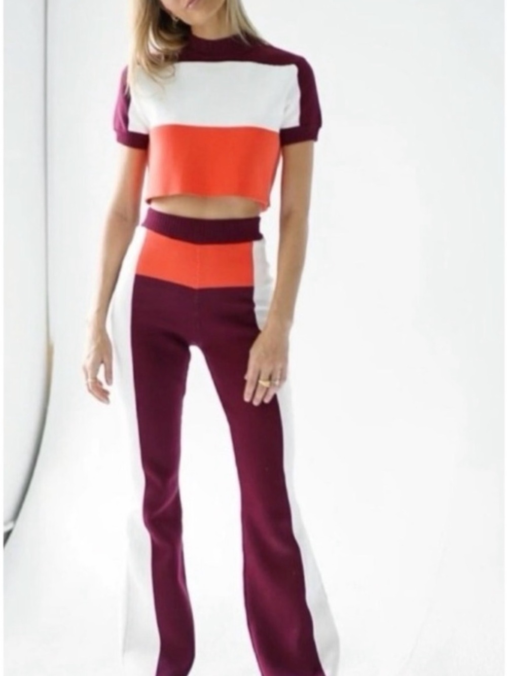 YLLW Set Colorblock Burgundy Orange Knit Cropped Top Flare Pants